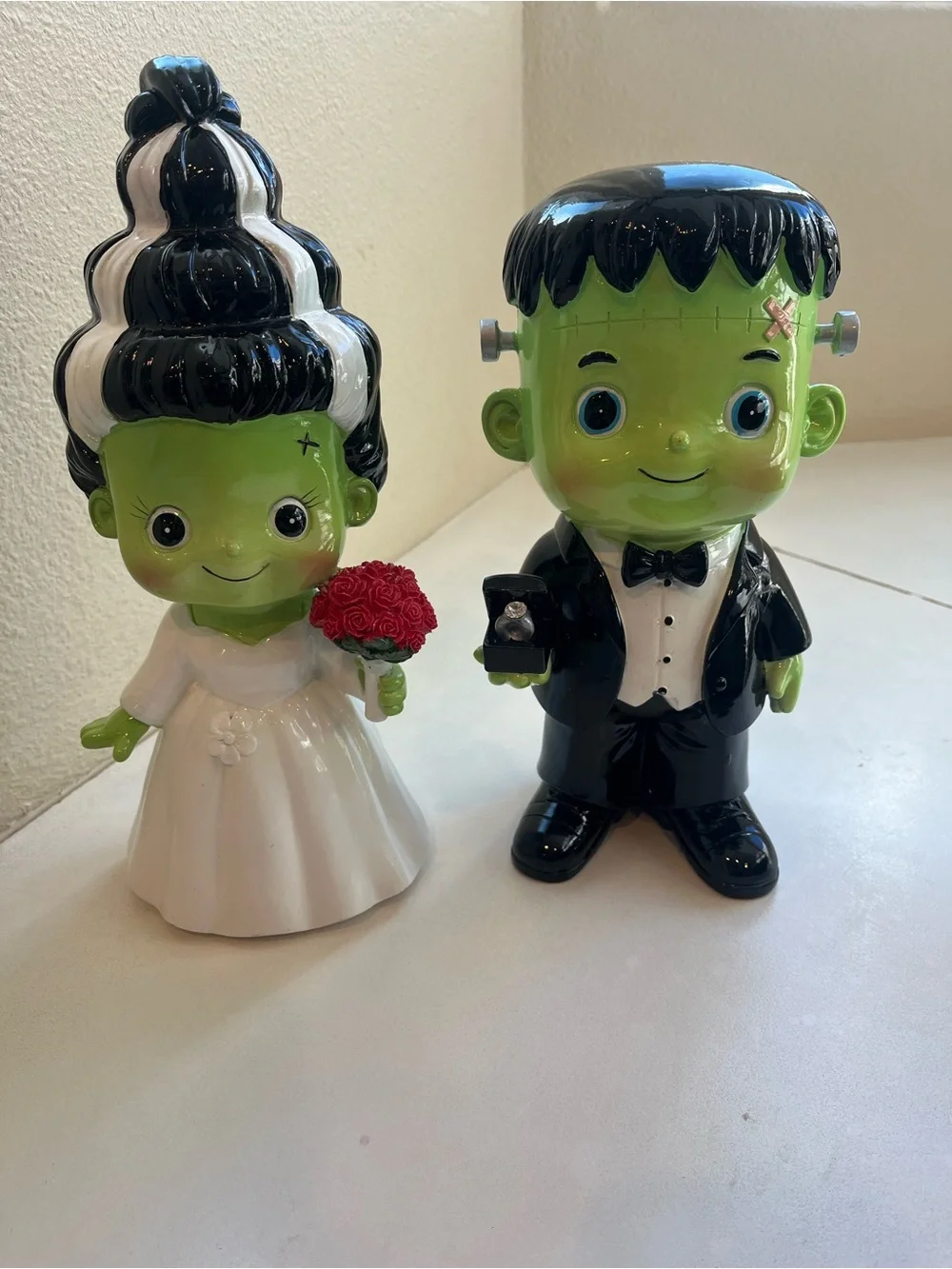 Halloween  Bride and Groom Frankenstein Figurines - Green, Black, White